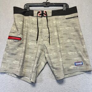 Hook & Tackle Mens Board Shorts Size 40x8 Fish Print Quick Dry Zip Pocket Gray